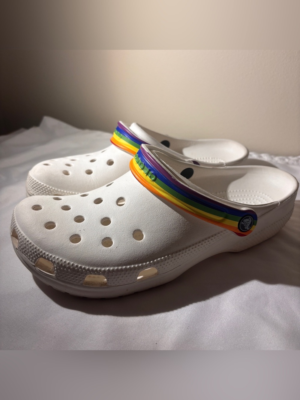 CROCS White Clogs with Rainbow Strap - Gay Pride - LGBTQ